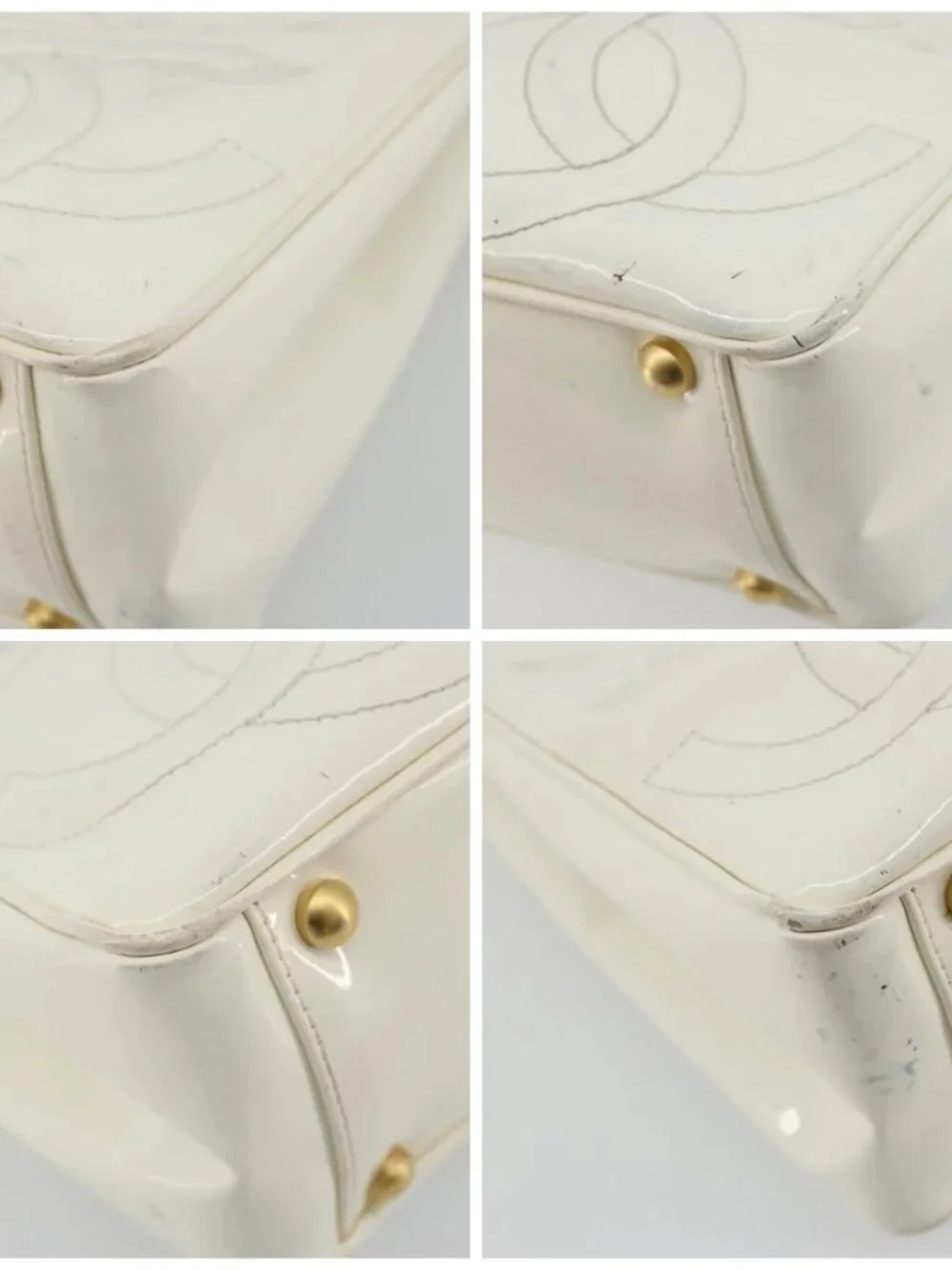 CHANEL Triple Coco Hand Bag Patent leather White CC Auth 180698